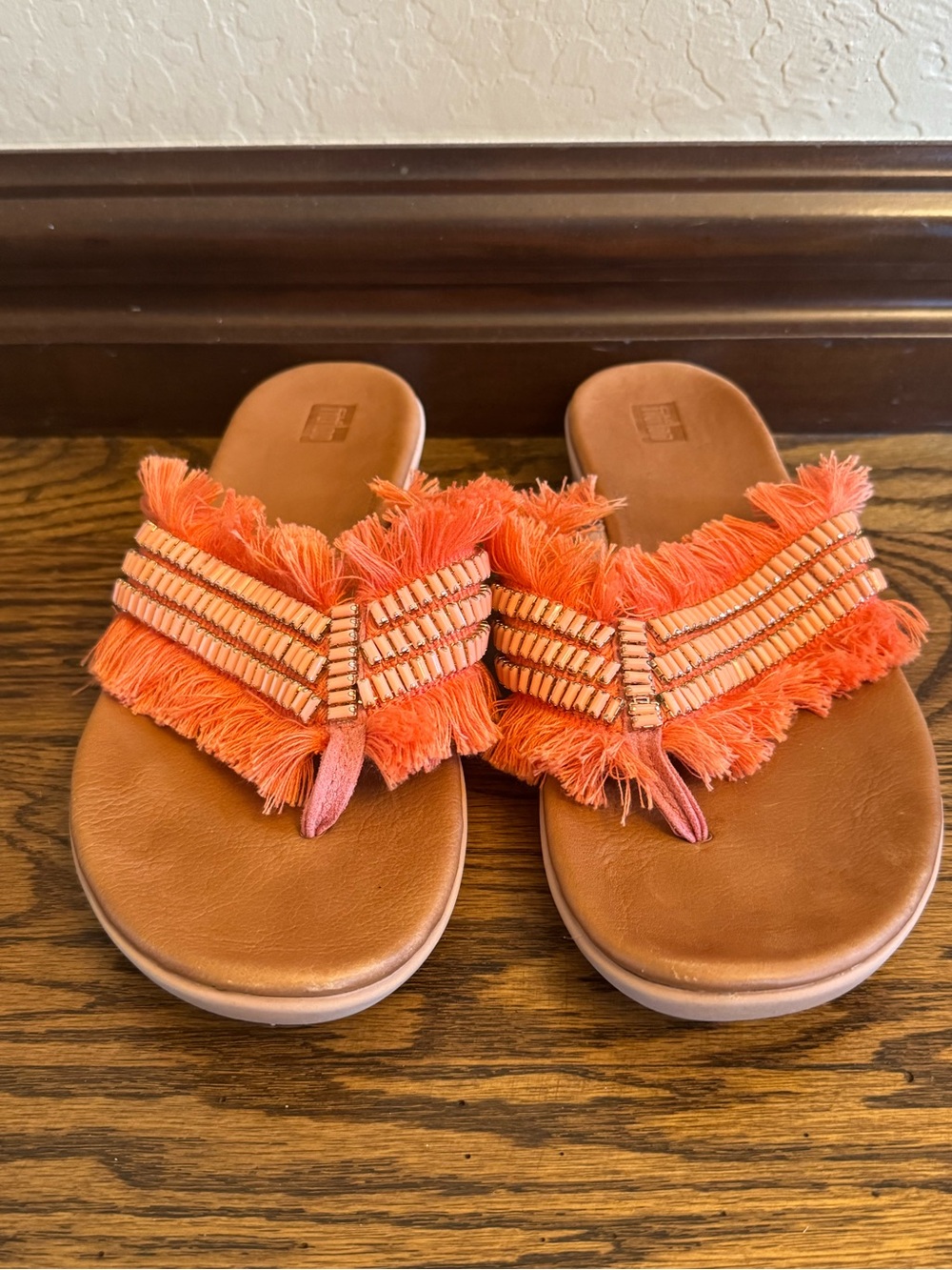 FitFlop Ava Crystal Fringe Thong Sandals Coral Orange Beaded